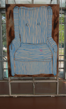 A painting of a blue striped arm chair on brown ground. 