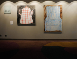 A painting of a red striped teapot hanging next to a painting of a blue striped armchair. 