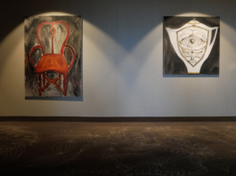 A painting of a wooden chair hanging next to a painting of a porcelain teapot. 