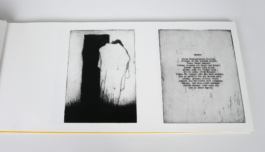A page with two etchings, one of a figure, the other with a poem.