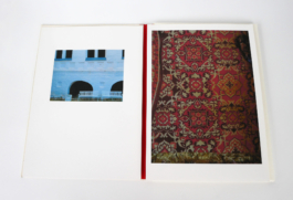 A photo of an old monastery to the left and a carpet to the right. 