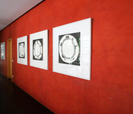 Three paintings of plates hung on a red wall. 