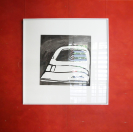 A painting of an iron on a red wall. 