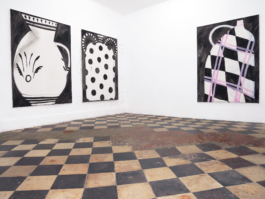 Three paintings, each of them depicting a jug. The two left ones are painted in black and white, the right one has also pink in it. 