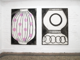 Two paintings of vases in black and white, the left one has pink dots on it. 