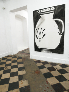 A painting with a jug next to a passageway. 
