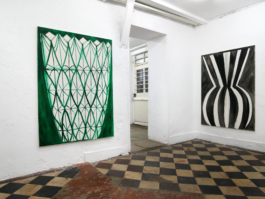 Two paintings of vases, on in green and the other one with stripes. 