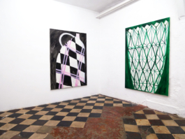 Two oilpaintings, one with a jug, the other one with a vase on it. The vase is green, the jug is black and white and pink. 