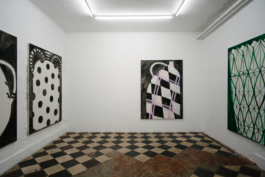 Four painting in a room with checkered floor. One of the vases has dots on it, a second is checkered with pink stripes and another one is green. 