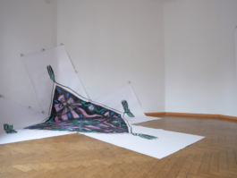 A big painting on five pieces of paper in black, purple und turquoise, painted with ink, watercolor and oil pastels. 